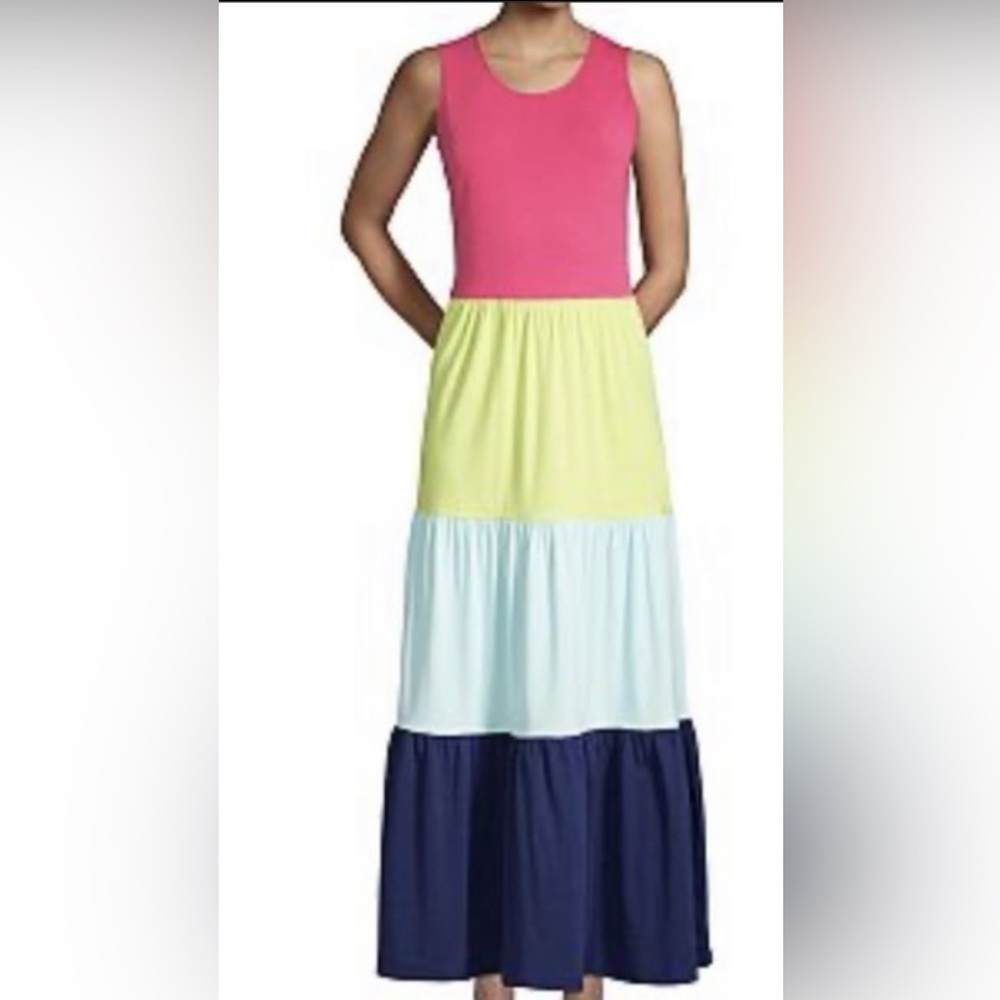 Lands End NWT size Small Sleeveless Tiered Maxi Dress color block Rainbow - Picture 2 of 7